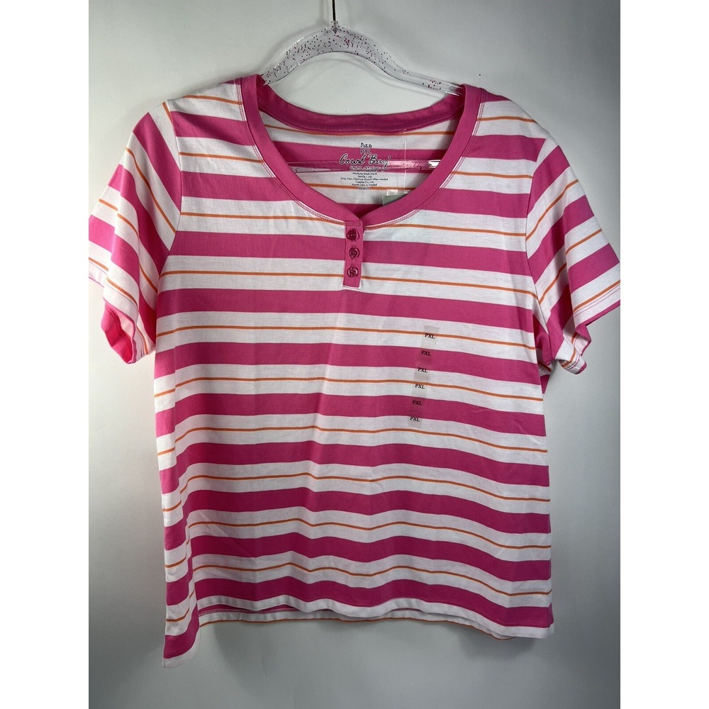 Coral Bay Striped Heneley Short Sleeve Top Womens Sz XLP Petite Pink White Tee